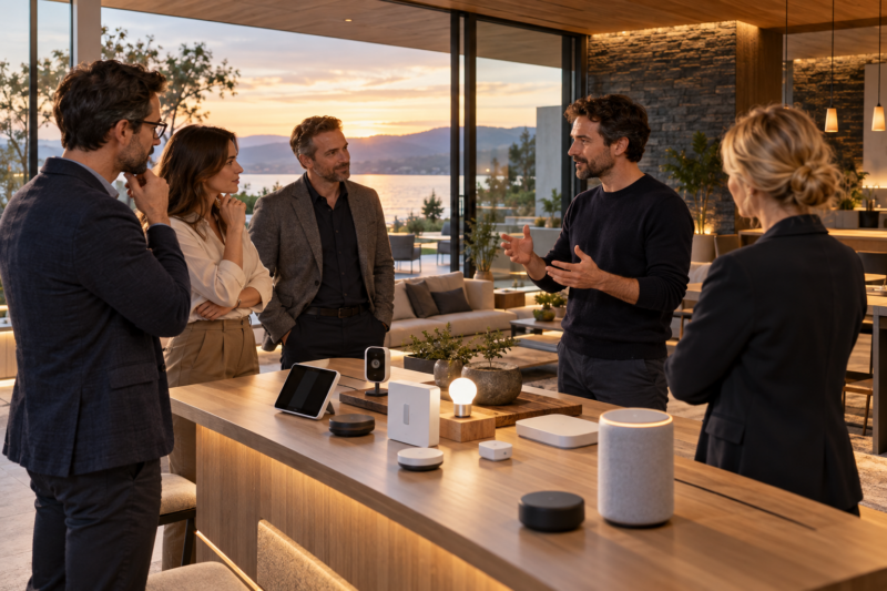 Smart Home Beach 2026: szakmai találkozó az okosotthonokról – MI-vel készített illusztráció.